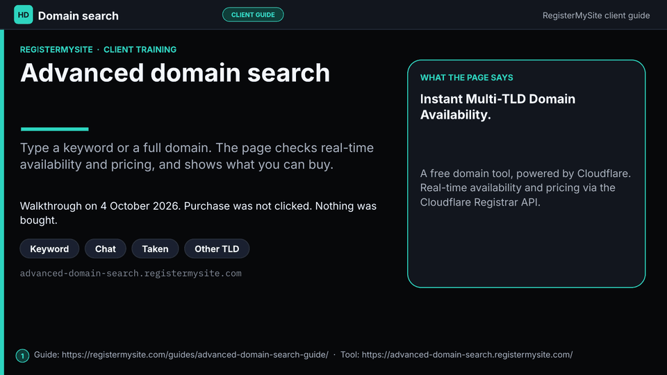 Slide 1 of 9: Advanced domain search — Title. Advanced domain search on 4 October 2026. Free domain tool, powered by Cloudflare.