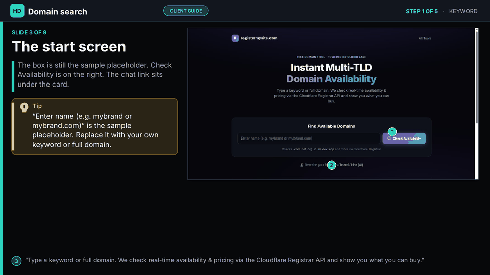 Slide 3 of 9: The start screen — Start screen. Free domain tool. Find Available Domains, Check Availability, and the chat link. Nothing typed yet.