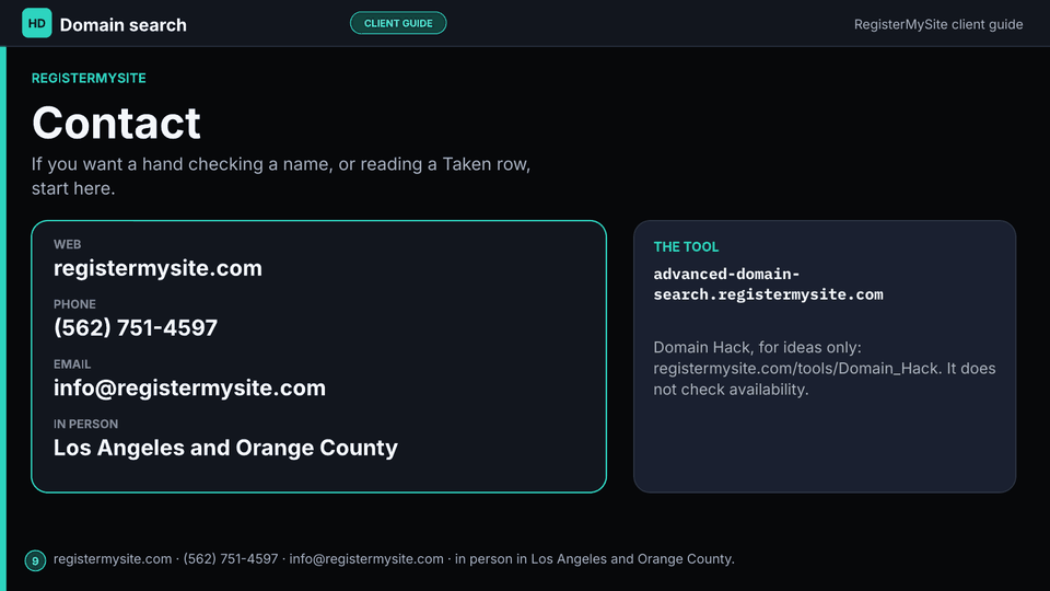 Slide 9 of 9: Contact — registermysite.com, phone, email, and in-person visits in Los Angeles and Orange County.