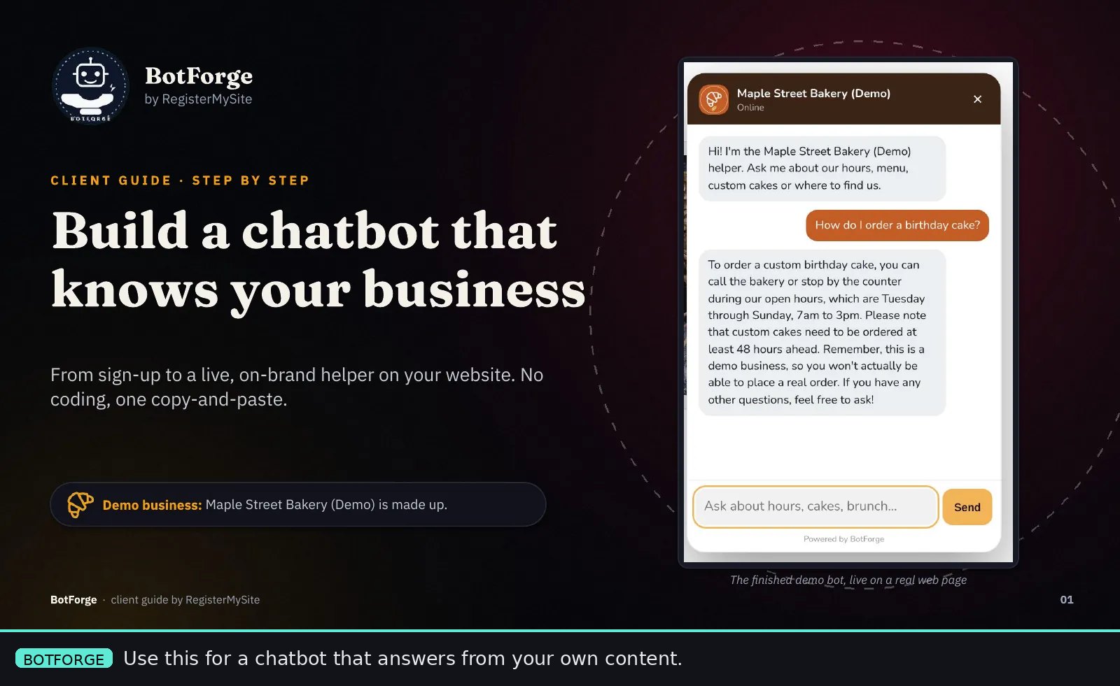 BotForge guide title slide. Footnote: use this for a chatbot that answers from your own content.