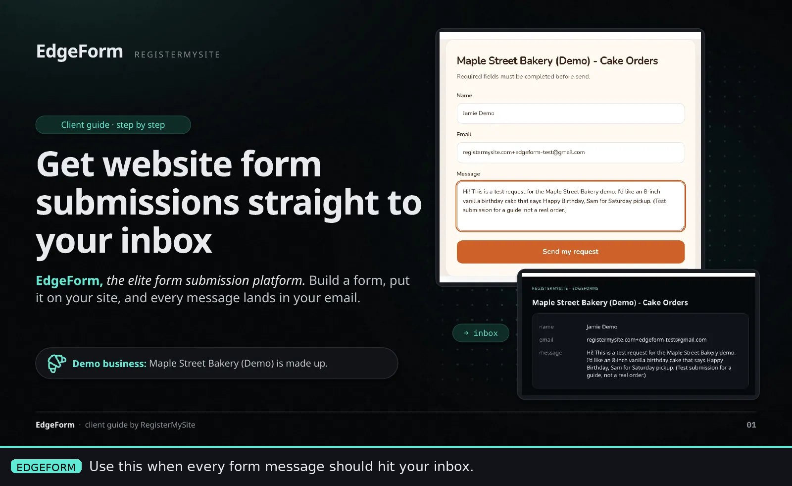 EdgeForm guide title slide. Footnote: use this when every form message should hit your inbox.