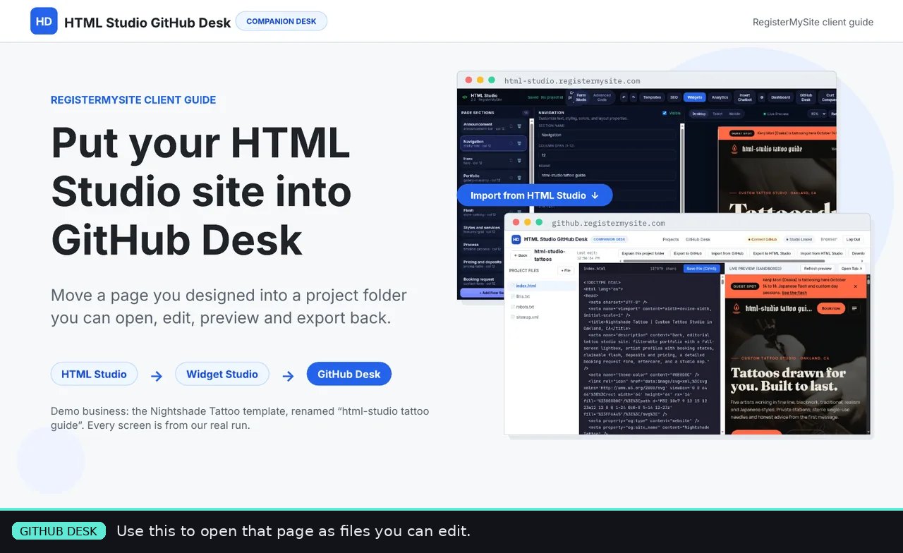 GitHub Desk guide title slide. Footnote: use this to open that page as files you can edit.