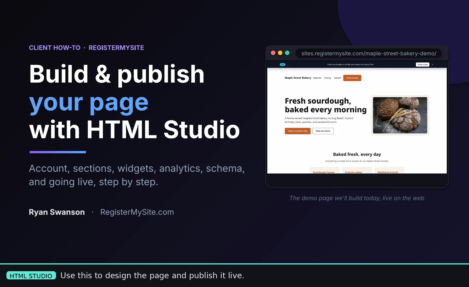 HTML Studio guide title slide. Footnote: use this to design the page and publish it live.