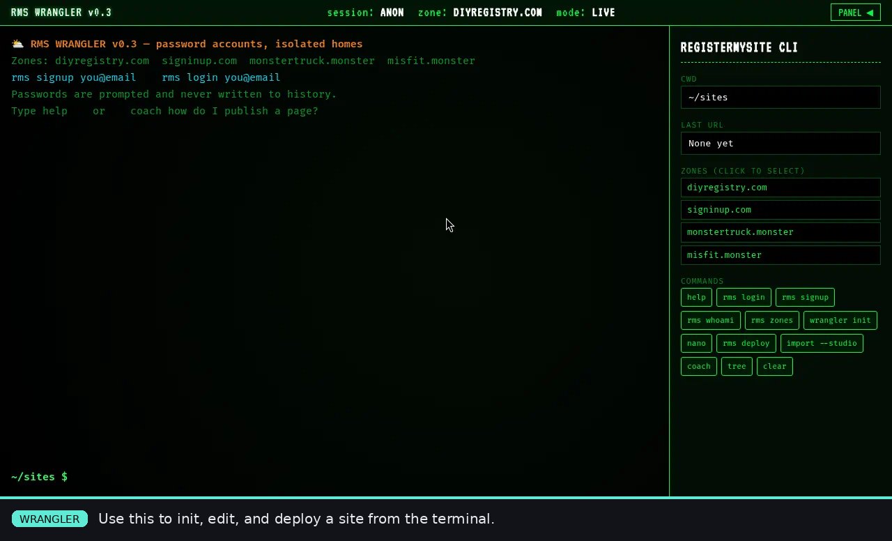 RMS Wrangler terminal. Footnote: use this to init, edit, and deploy a site from the terminal.