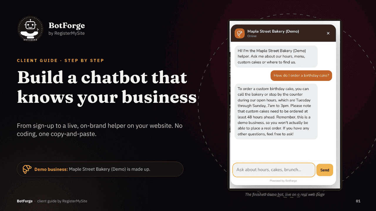 Slide 1 of 21: Build a chatbot that knows your business — Title slide with the finished demo bot on a live page.