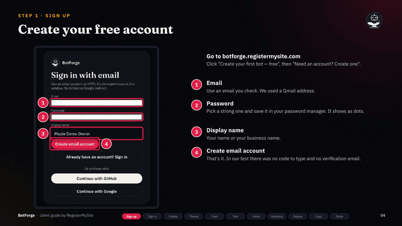 Slide 4 of 21: Sign up — Create an account with email, password and display name.