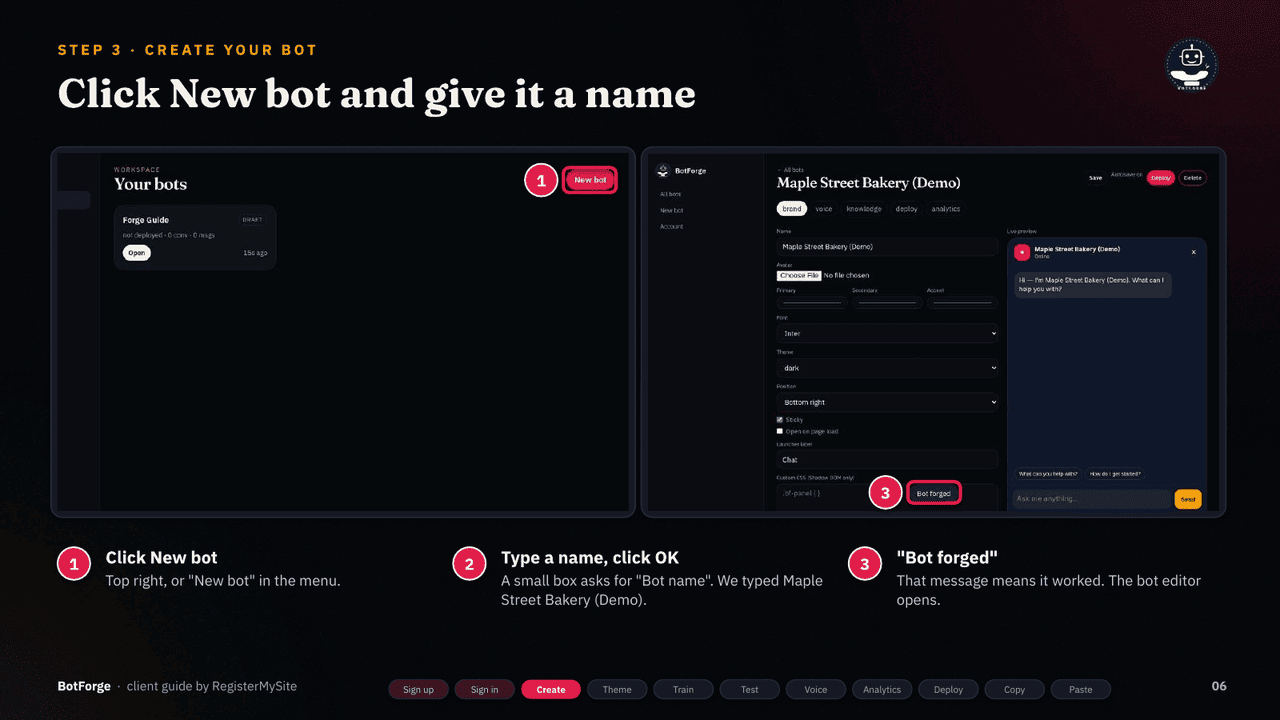 Slide 6 of 21: Create your bot — New bot, type a name, and the editor opens with a Bot forged message.