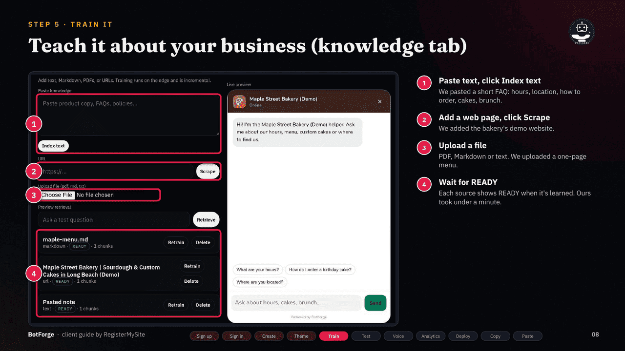 Slide 8 of 21: Train it — Knowledge tab: paste text, scrape a URL, upload a file, wait for READY.