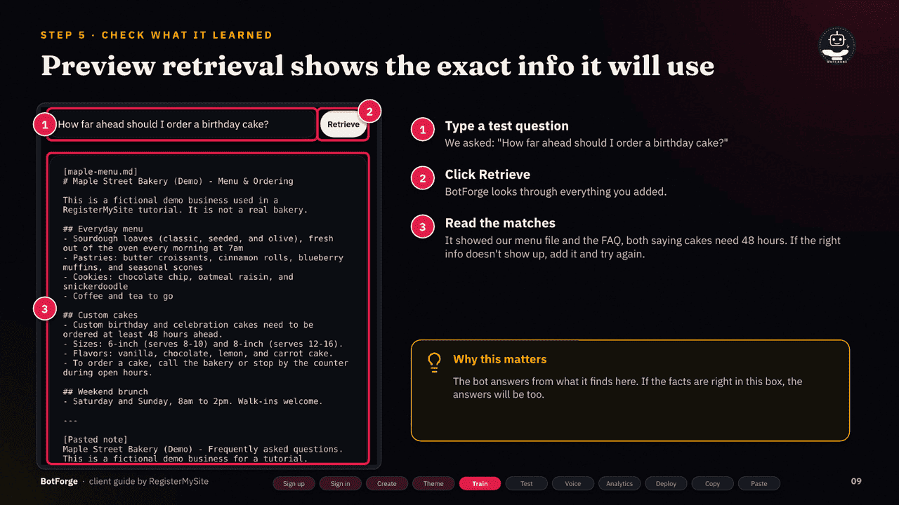 Slide 9 of 21: Check what it learned — Preview retrieval: type a question and see the matching info.