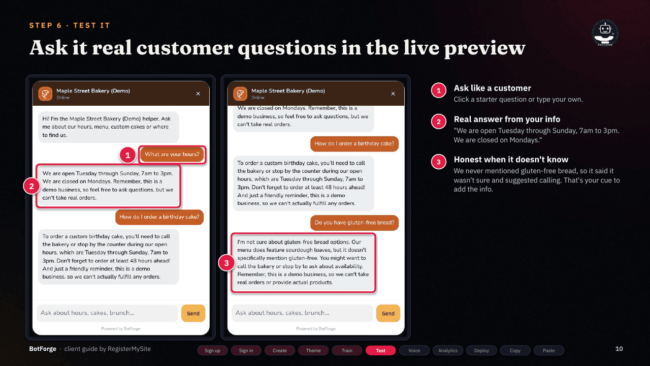 Slide 10 of 21: Test it — Real answers in the preview, plus an honest "not sure" for info it doesn't have.