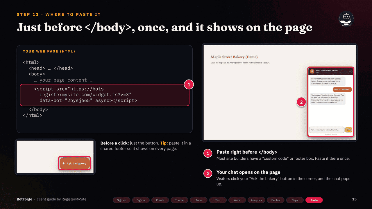 Slide 15 of 21: Where to paste it — Paste the snippet just before the closing body tag; the launcher button appears.