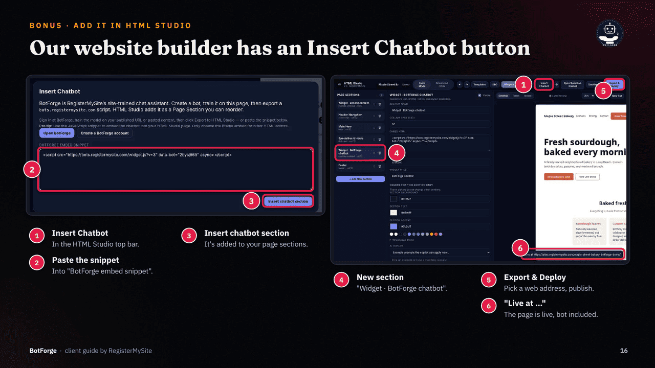 Slide 16 of 21: Add it in HTML Studio — Insert Chatbot, paste snippet, insert section, Export & Deploy.