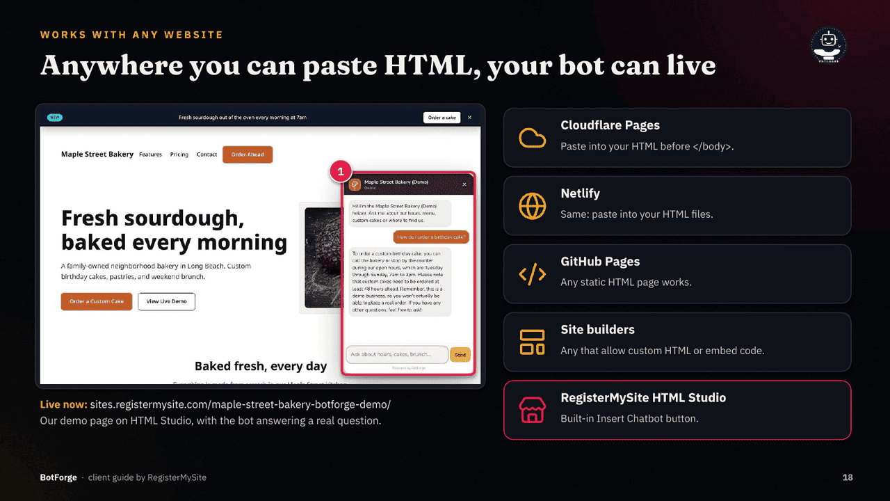Slide 18 of 21: Works with any website — Snippet works on static hosts and site builders; live on HTML Studio.