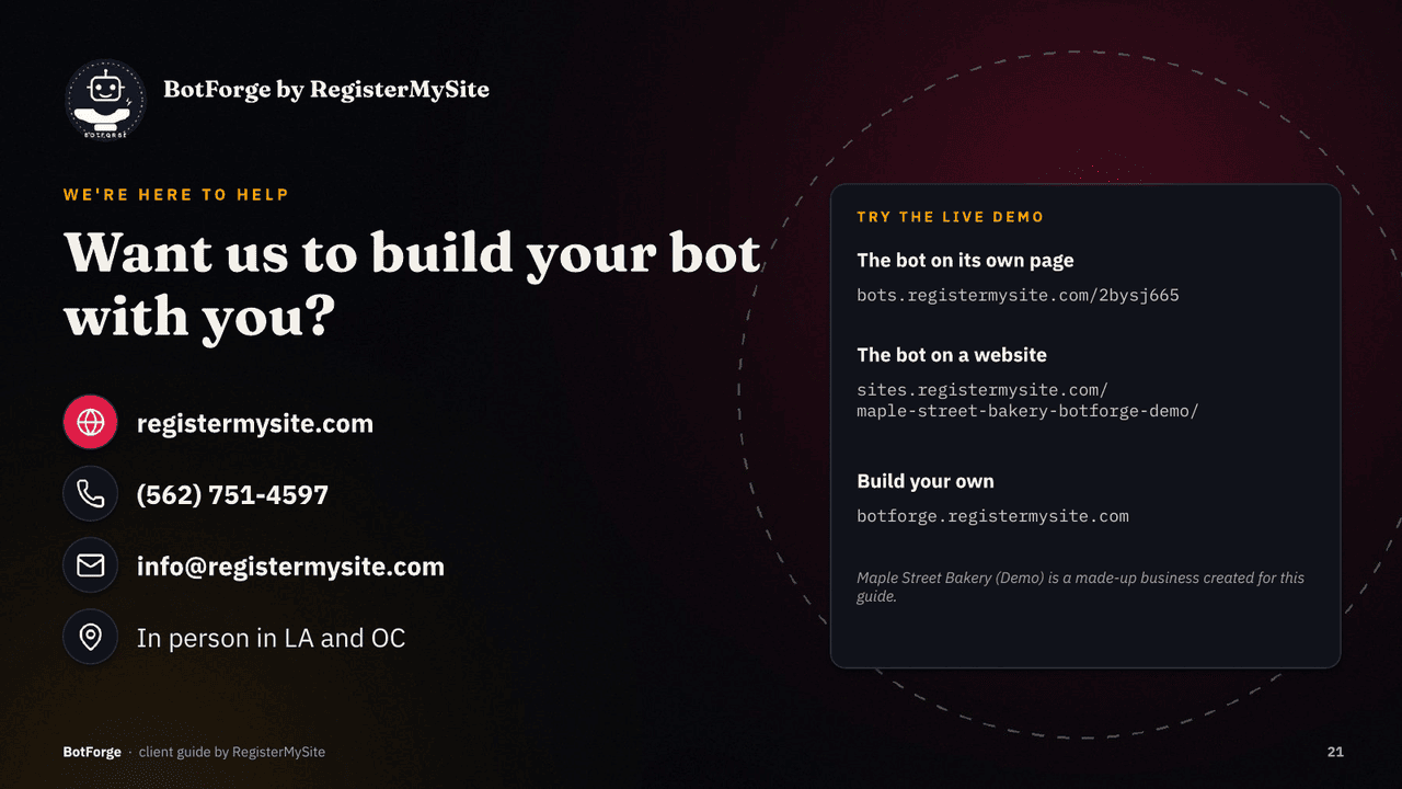 Slide 21 of 21: Contact — How to reach RegisterMySite and try the live demos.