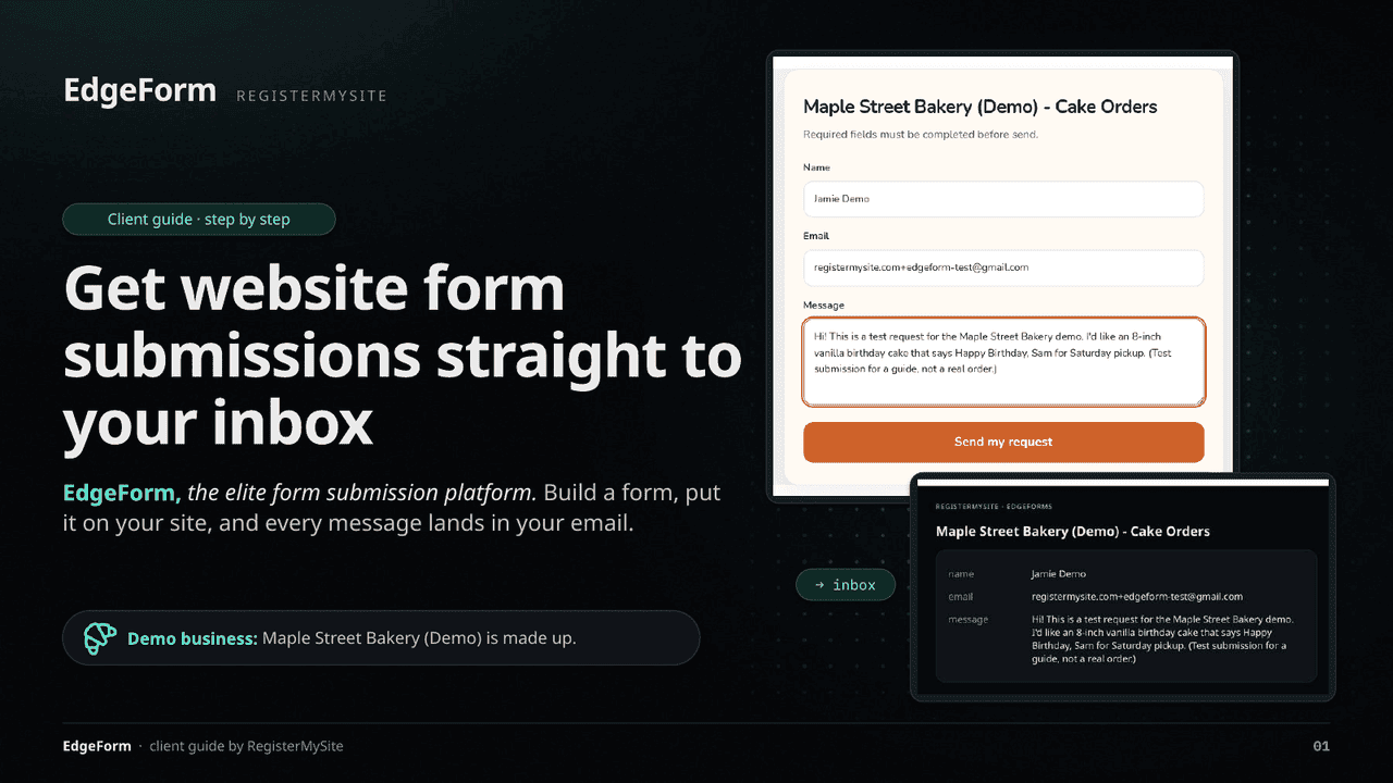 Slide 1 of 22: Get website form submissions straight to your inbox — Title slide: the finished form on a live page and the email it sent.