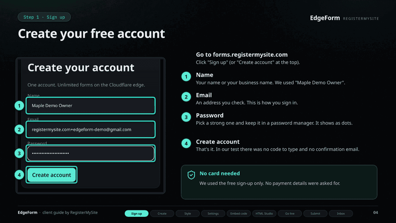 Slide 4 of 22: Sign up — Create an account with name, email and password.