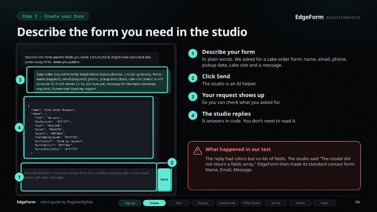 Slide 6 of 22: Create your form — Describe the form in the studio; it replies with code.