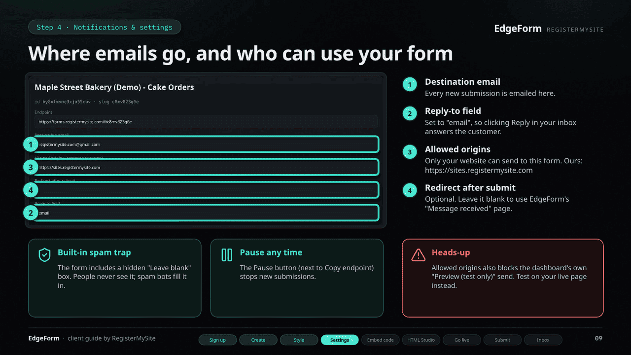 Slide 9 of 22: Notifications and settings — Destination email, reply-to, allowed origins, redirect, spam trap and pause.