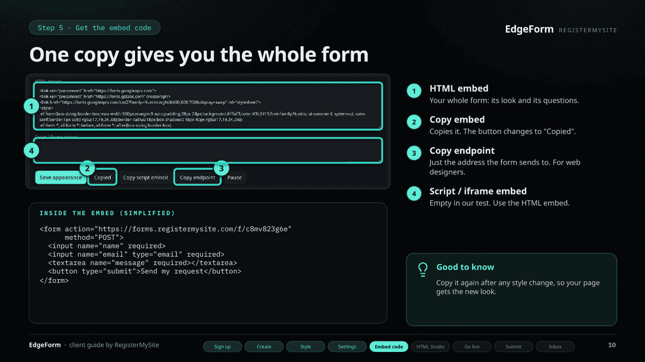 Slide 10 of 22: Get the embed code — HTML embed, Copy embed, Copy endpoint, and the empty script box.