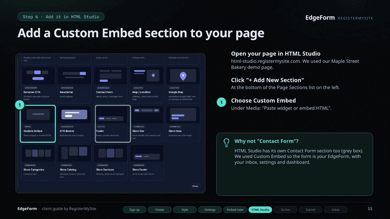 Slide 11 of 22: Add it in HTML Studio — Add New Section, then Custom Embed.
