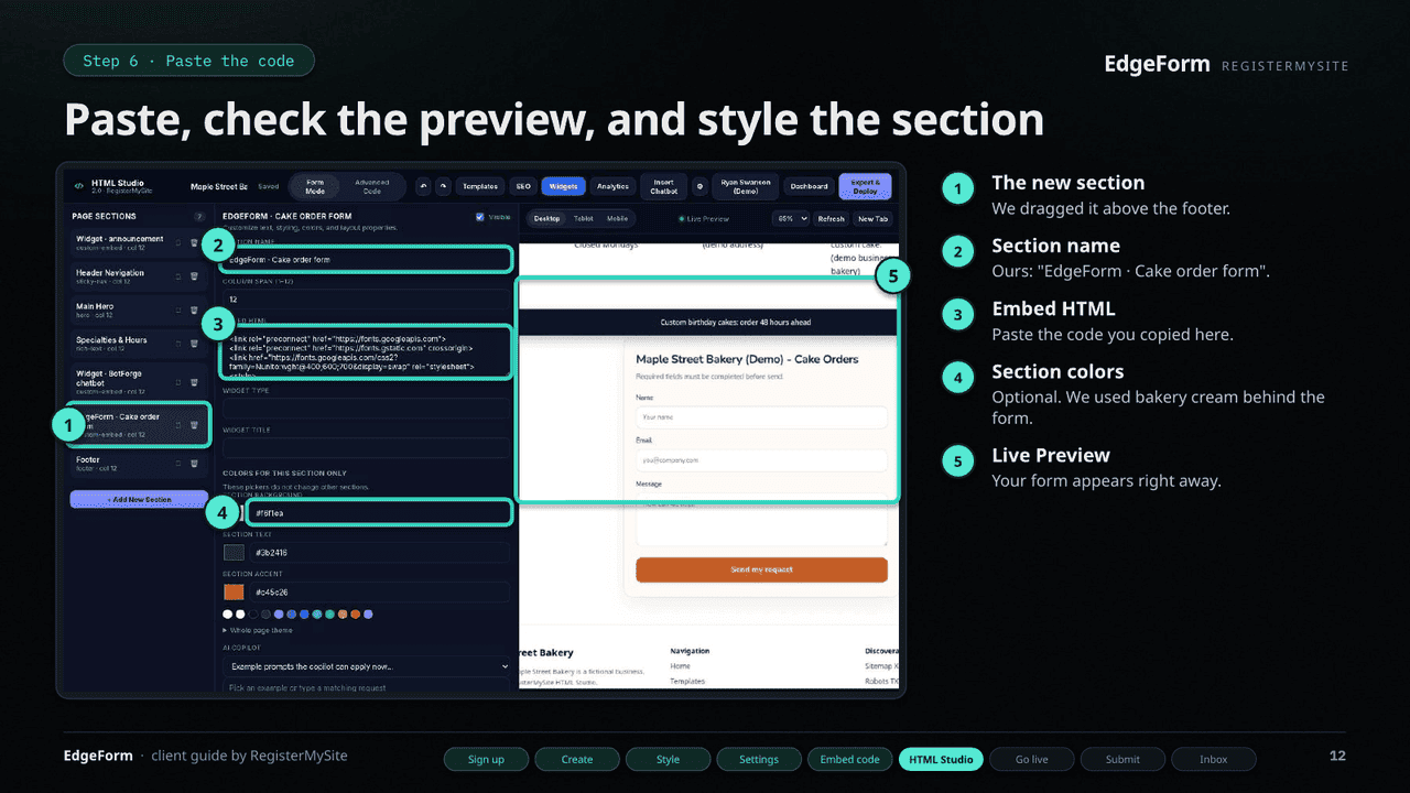 Slide 12 of 22: Paste the code — Name the section, paste into Embed HTML, pick section colors, check the preview.
