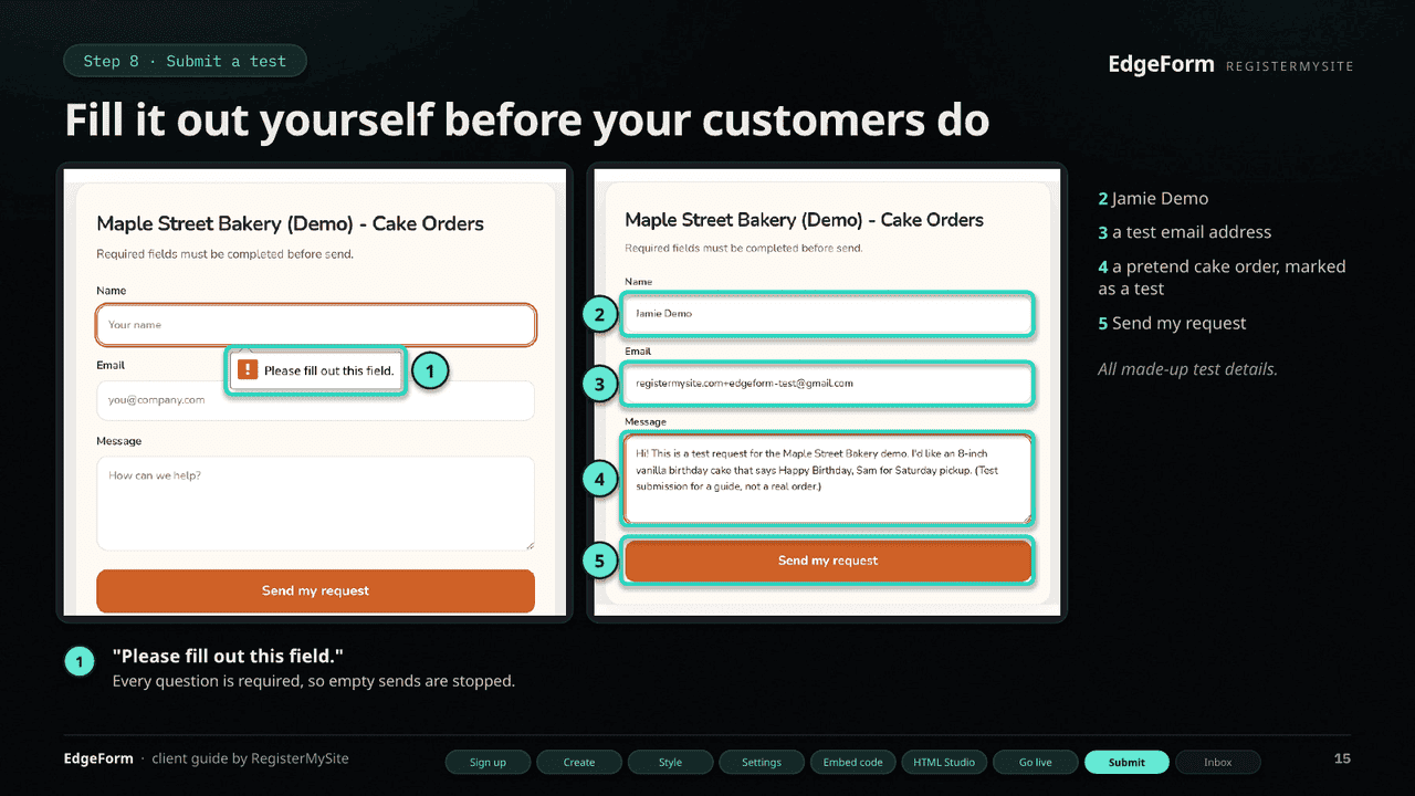 Slide 15 of 22: Submit a test — Empty-field check, then a filled-out test submission.