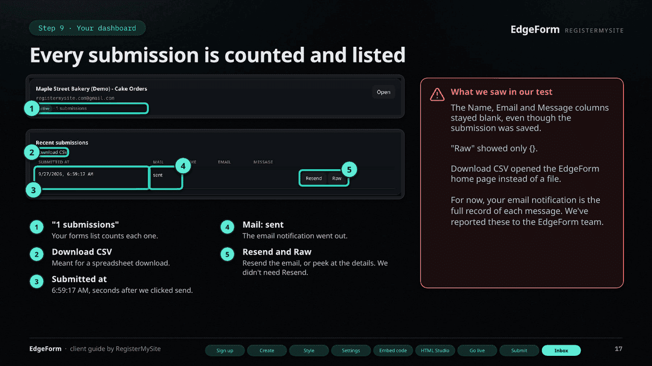 Slide 17 of 22: Your dashboard — Submission count, Download CSV, time, mail status, Resend and Raw; honest notes on what did not work.