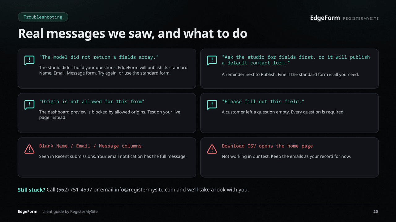 Slide 20 of 22: Troubleshooting — Six real messages or issues from our test and what to do.