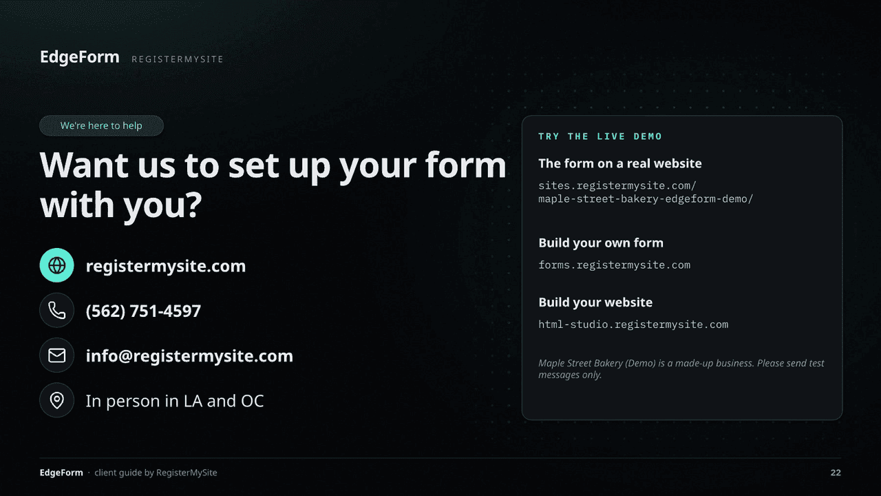 Slide 22 of 22: Contact — How to reach RegisterMySite and try the live demo.