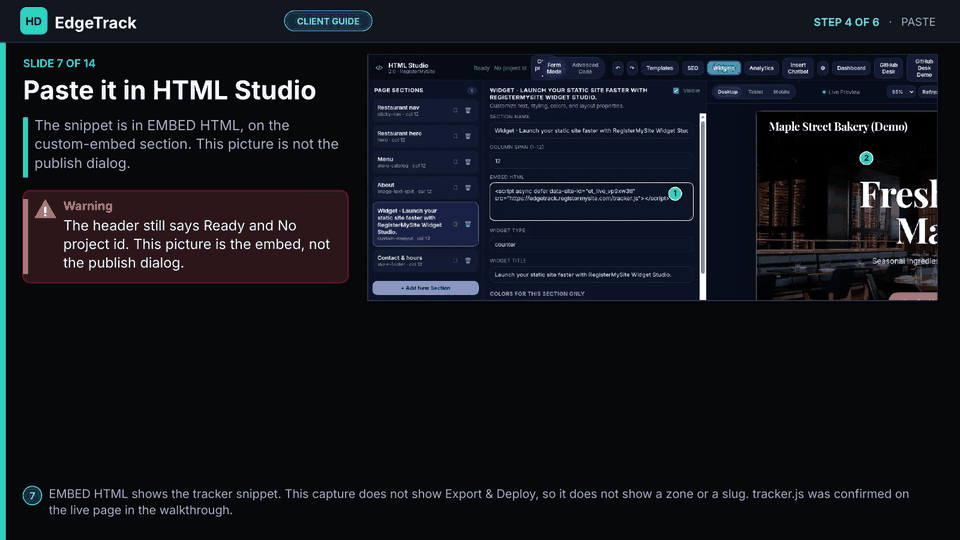 Slide 7 of 14: Paste it in HTML Studio — HTML Studio custom-embed. The tracker snippet is in EMBED HTML. Preview shows Maple Street Bakery (Demo).