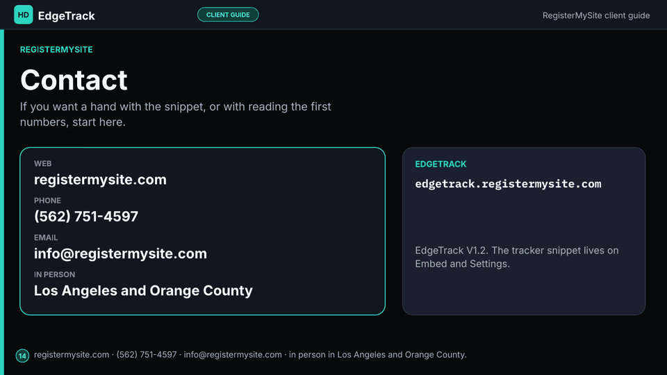 Slide 14 of 14: Contact — registermysite.com, phone, email, and in-person visits in Los Angeles and Orange County.