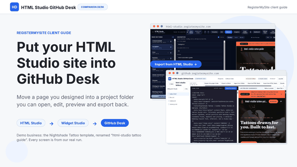 Slide 1 of 18: Put your HTML Studio site into GitHub Desk — Title slide: the tattoo page in HTML Studio, and the same page imported into a GitHub Desk project folder.