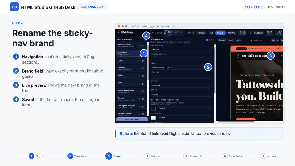 Slide 6 of 18: Rename the sticky-nav brand — Navigation section, Brand field set to exactly: html-studio tattoo guide, shown in the live preview.
