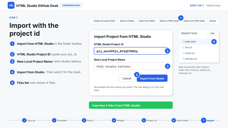 Slide 12 of 18: Import with the project id — Import from HTML Studio: HTML Studio Project ID prj_mustb9jo_6t1q17601q, local name html-studio-tattoos, Imported 4 files.
