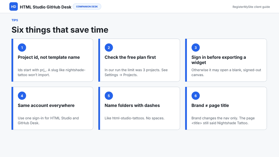 Slide 15 of 18: Tips — Six practical tips: project id, free plan limit, sign in first, same account, folder names, brand versus page title.