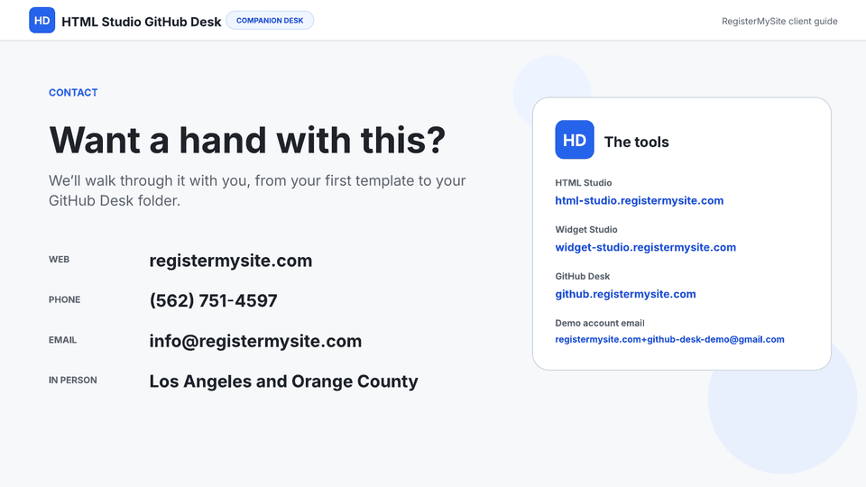 Slide 18 of 18: Contact — How to reach RegisterMySite.