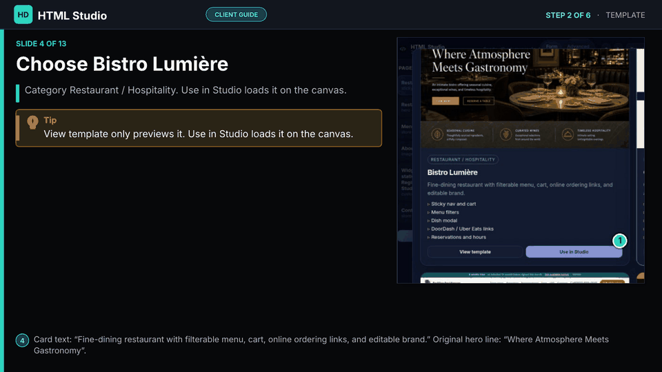 Slide 4 of 13: Choose Bistro Lumière — Bistro Lumière card. View template only previews. Use in Studio loads the canvas.