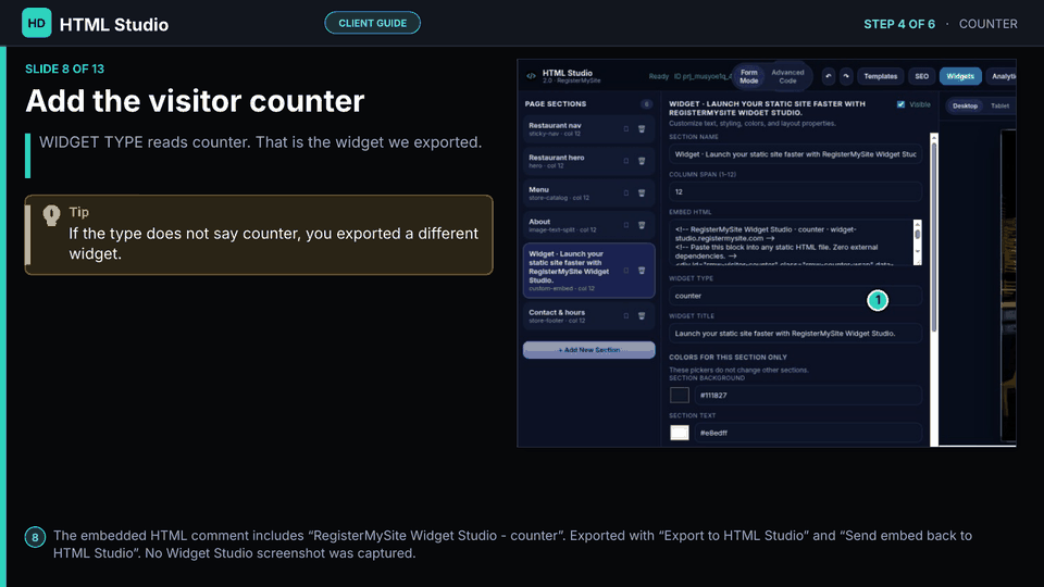 Slide 8 of 13: Add the visitor counter — HTML Studio widget section, type counter, from Widget Studio export buttons.