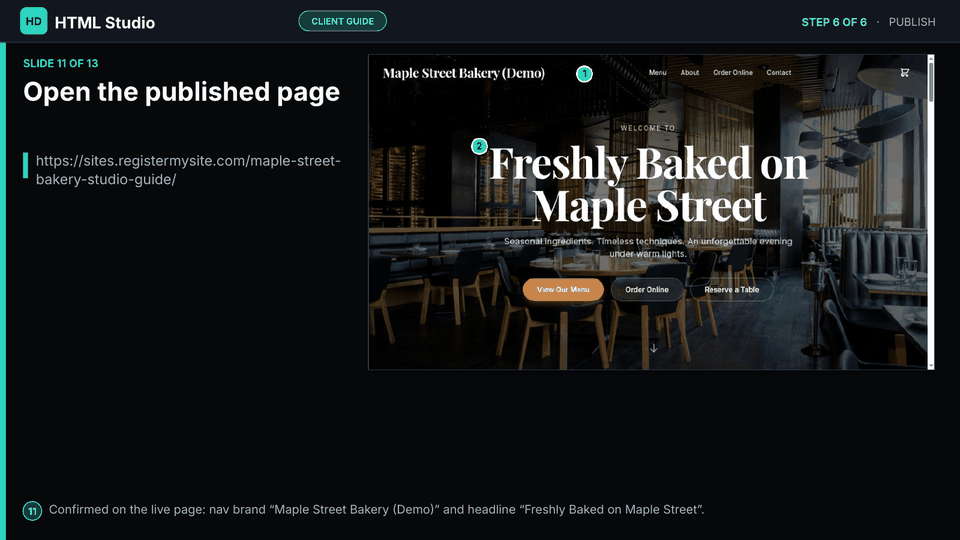 Slide 11 of 13: Open the published page — Live page shows the new brand in the nav and the new hero heading.