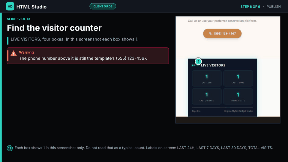 Slide 12 of 13: Find the visitor counter — Live page widget: LAST 24H, LAST 7 DAYS, LAST 30 DAYS, TOTAL VISITS. Phone above it is still sample data.