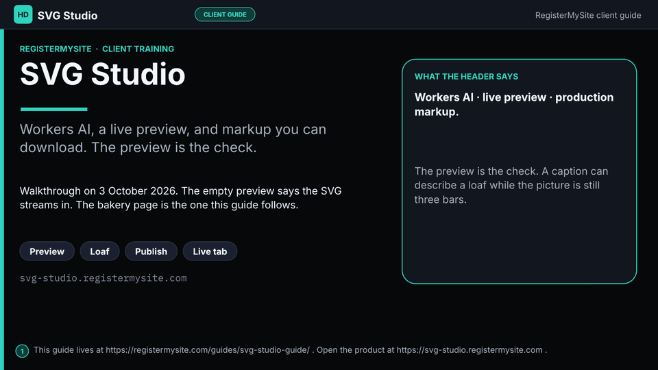 Slide 1 of 8: SVG Studio — Title. SVG Studio at svg-studio.registermysite.com. Header and subline from the 3 October 2026 walk.