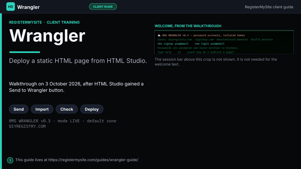 Slide 1 of 12: Wrangler — Title. Wrangler deploys a static HTML page that HTML Studio sent. Walkthrough on 3 October 2026.