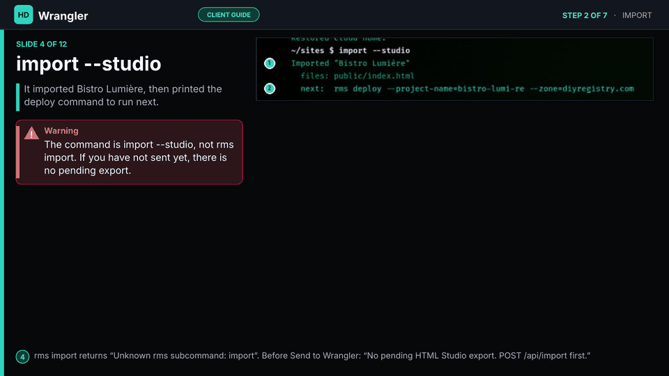 Slide 4 of 12: import --studio — import --studio imported Bistro Lumière. files: public/index.html. Next line is the deploy command.