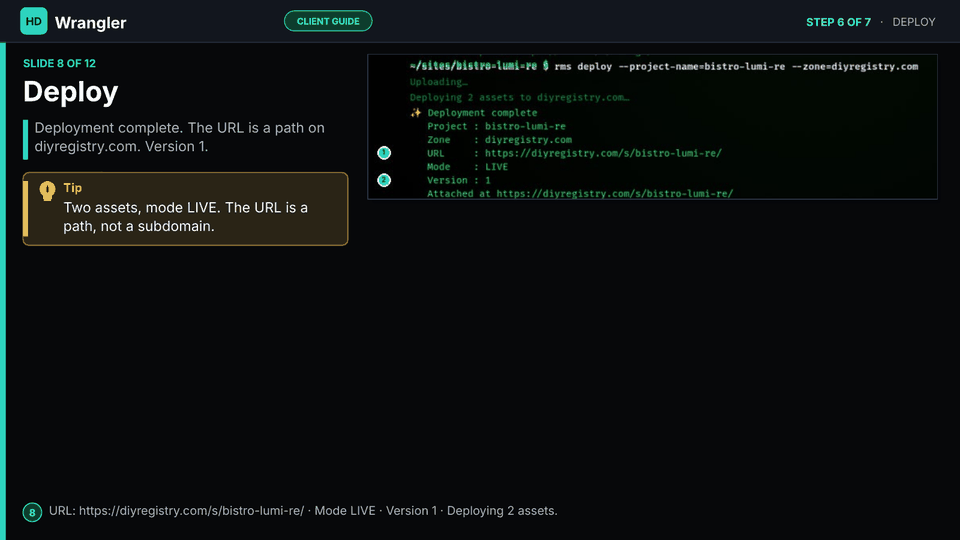 Slide 8 of 12: Deploy — rms deploy finished. URL https://diyregistry.com/s/bistro-lumi-re/. Mode LIVE. Version 1. Two assets.