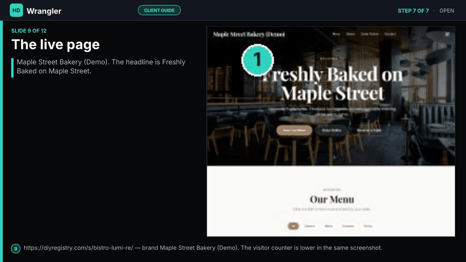 Slide 9 of 12: The live page — Live page at the path URL. Brand in the nav, the new headline, and a visitor counter further down.