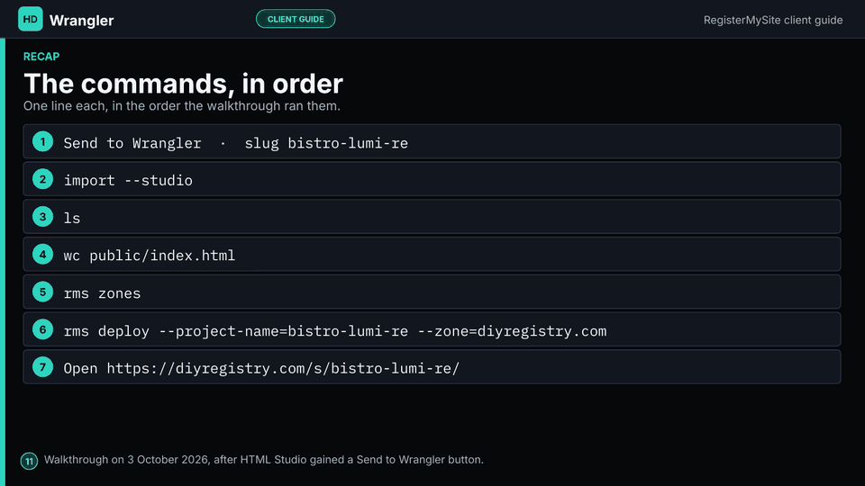 Slide 11 of 12: The commands, in order — Send to Wrangler, import --studio, ls, wc, rms zones, rms deploy, then open the path URL.