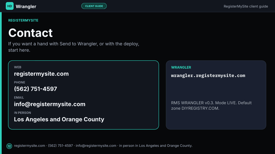 Slide 12 of 12: Contact — registermysite.com, phone, email, and in-person visits in Los Angeles and Orange County.